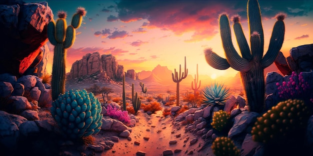 Un colorato tramonto su un paesaggio desertico con cactus e rocce IA generativa