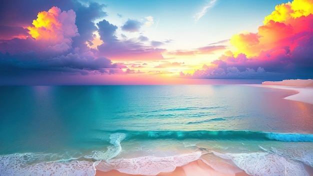 Un colorato tramonto su una spiaggia con una spiaggia e un oceano sullo sfondo.