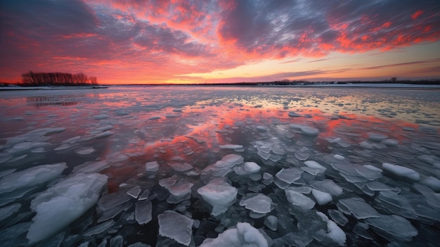 Un colorato tramonto sul ghiaccio nell'acqua
