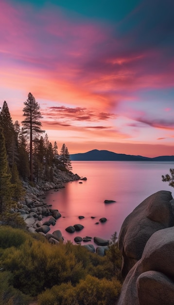 Un colorato tramonto sul lago Tahoe