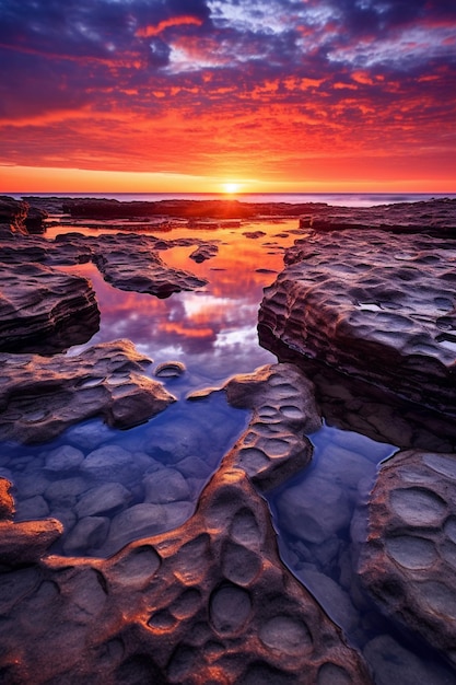 Un colorato tramonto sull'oceano con il sole che tramonta dietro di esso.