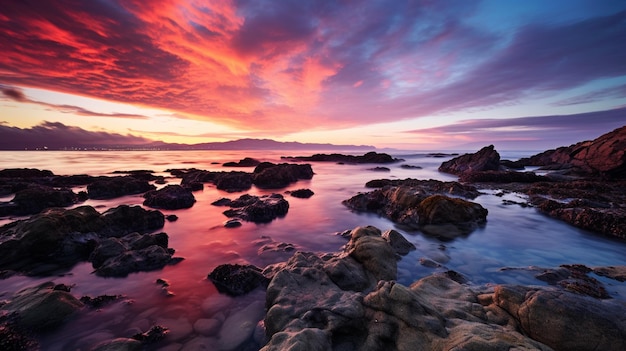 Un colorato tramonto sull'oceano con le rocce e il cielo sullo sfondo.