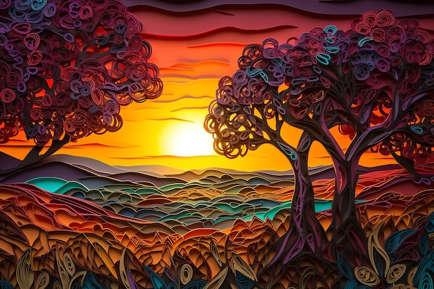 Un colorato tramonto sullo stile artistico del Serengeti