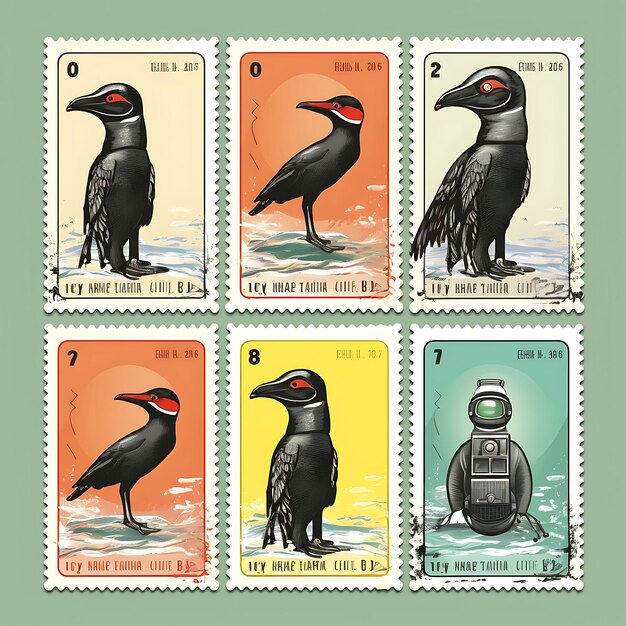 Un colorato uccello cormorano con una tuta da subacqueo che indossa occhiali e idea di collezione di francobolli animali