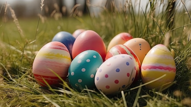 Un colorato uovo di pasqua che si posa sull'erba