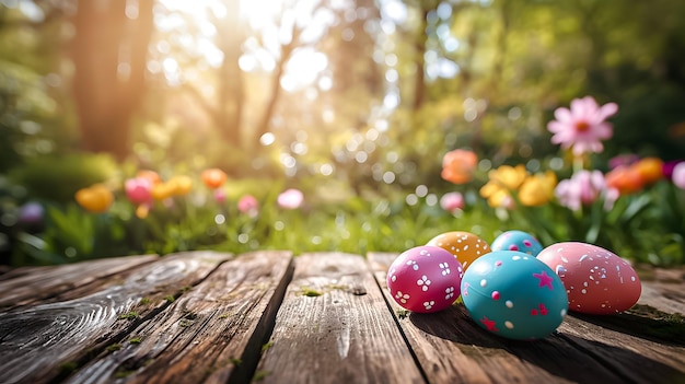 Un colorato uovo di Pasqua giaceva su una colorata superficie di legno bianco sulla foresta giardini colorati