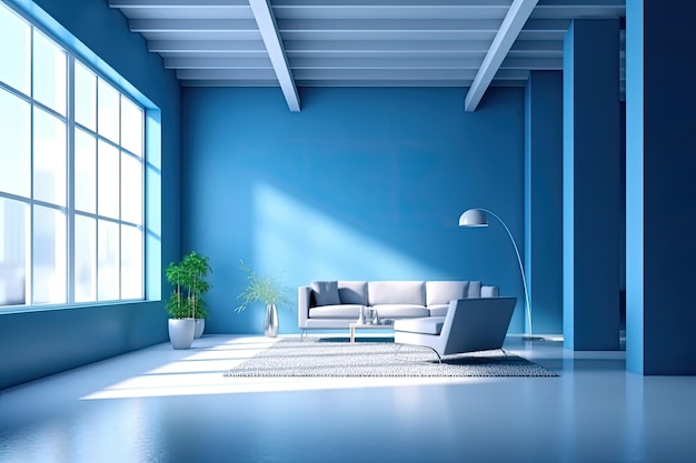 un colore blu e bianco ha allestito il soggiorno insieme a lampada e divano