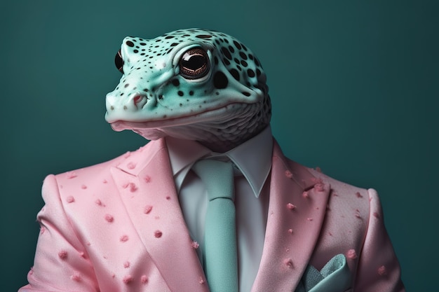 un colpo di primo piano di una rana vestita professionalmente in giacca e cravatta