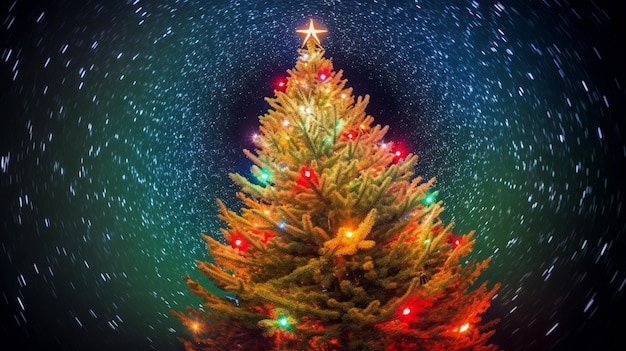 Un colpo fisheye di un albero di Natale l'albero è decorato con luci scintillanti immagine fotorealistica di Natale illustrazione