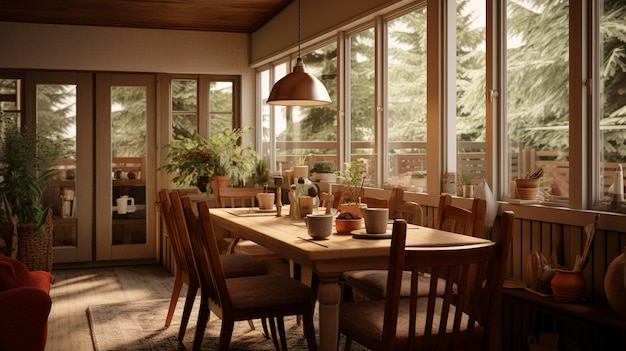 Un colpo interno di una sala da pranzo bungalow con arredamento vintage