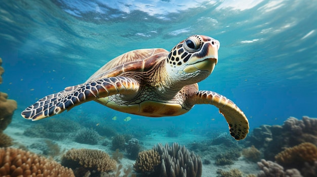 Un colpo subacqueo di tartarughe marine selvatiche che nuotano con grazia nell'oceano