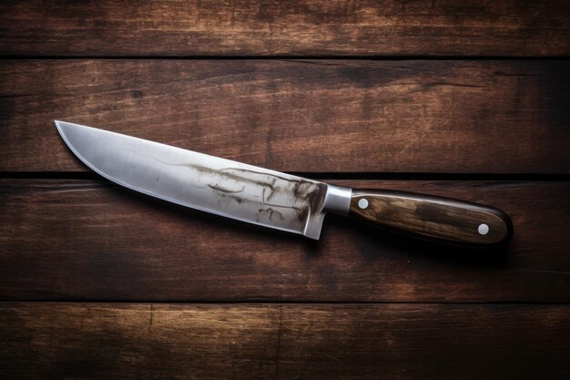 Un coltello con manico in legno si trova su una superficie di legno.