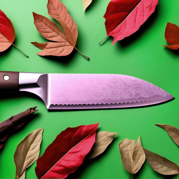 Un coltello è adagiato su una superficie verde con sopra delle foglie rosse