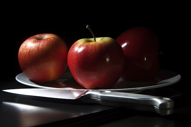 Un coltello è su un piatto con sopra tre mele.