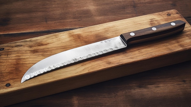 Un coltello su un tagliere di legno con la scritta "cucina" sul lato.