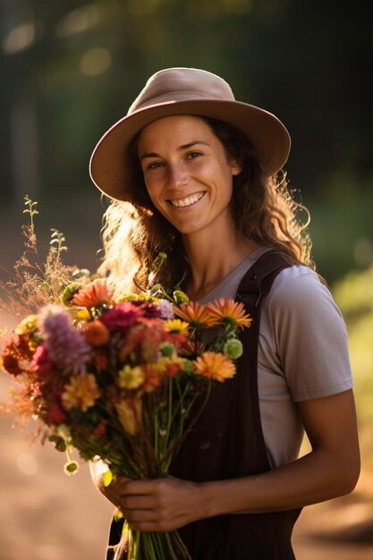 un coltivatore di fiori che porta un bouquet di fiori d'autunno dal suo flusso di taglio
