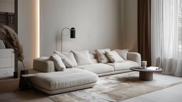 Un comodo divano d'angolo in un soggiorno minimalista circondato da toni neutri e decorazioni eleganti che creano uno spazio confortevole e invitante per il relax e la socializzazione