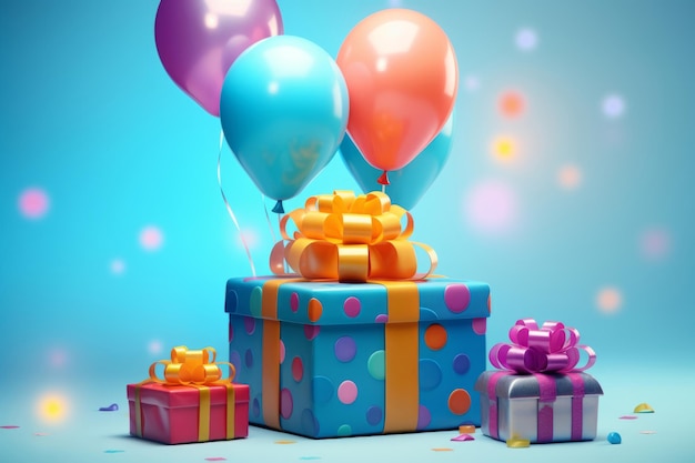 Un compleanno festoso per bambini con palloncini e regali Concetto di biglietto d'auguri Illustrazione AI generativa
