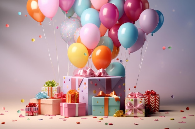 Un compleanno festoso per bambini con palloncini e regali Concetto di biglietto d'auguri Illustrazione AI generativa