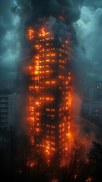Un complesso di appartamenti a più piani era in fiamme con fumo nero
