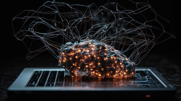 Un computer con sopra un cervello e uno sfondo nero con delle luci sopra