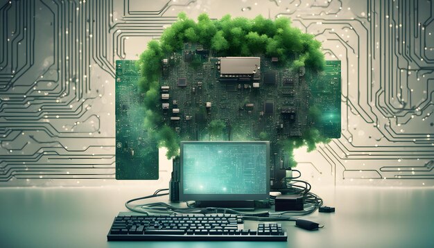 un computer con un albero sullo sfondo e un portatile in cima