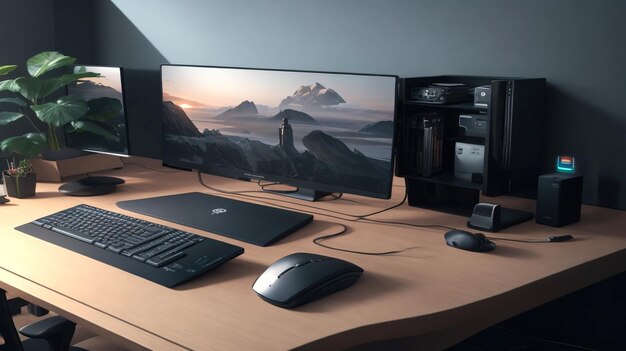 Un computer desktop e una tastiera e un mouse nell'ufficio moderno creativo