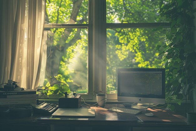 Un computer desktop seduto sopra una scrivania di legno