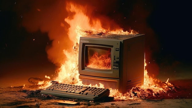 Un computer in fiamme con sopra una tastiera