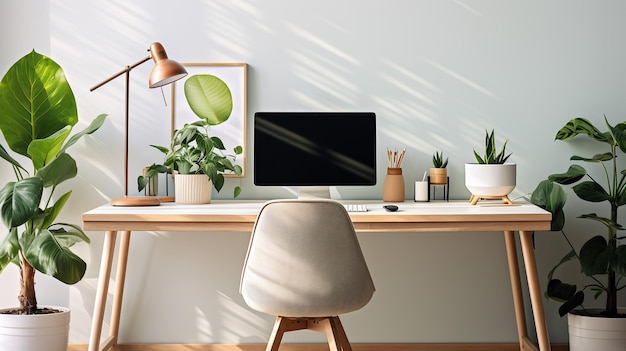 Un computer, piante d'interno e una sedia ergonomica completano l'allestimento minimalista della scrivania