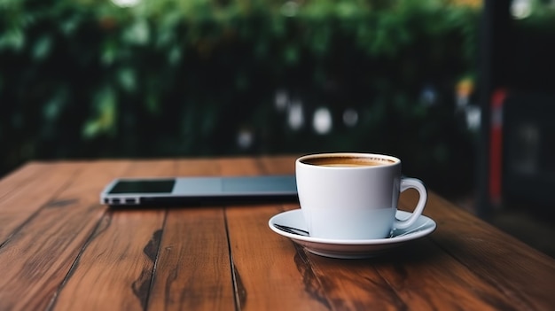 Un computer portatile e una tazza di caffè su un tavolo