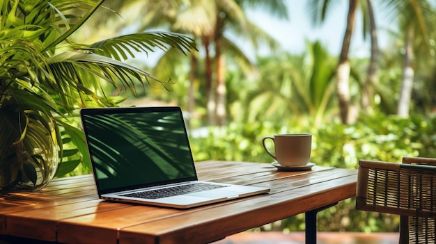 Un computer portatile e una tazza su un tavolo