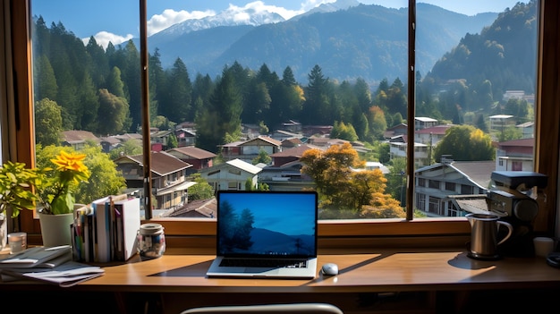 un computer portatile seduto su una scrivania in legno Vista dalla finestra dell'università