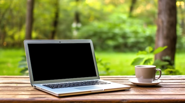 Un computer portatile su un tavolo con una tazza di caffè sullo sfondo