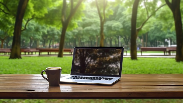 Un computer portatile su un tavolo di legno in un parco con uno sfondo verde.