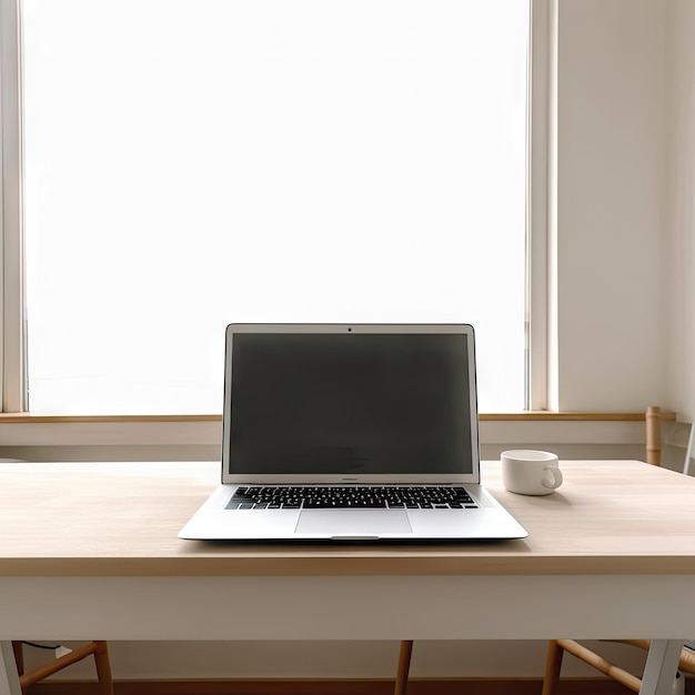 Un computer portatile su una scrivania con accanto una tazza di caffè.