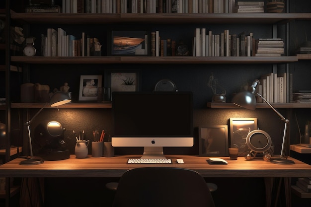 Un computer su una scrivania con una lampada che dice " mac " sopra.