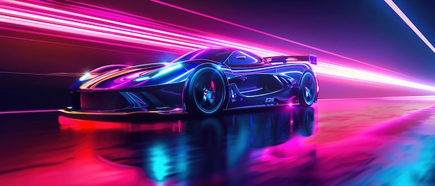 Un concept car con illuminazione al neon dinamica che crea strisce vibranti in un ambiente futuristico scuro