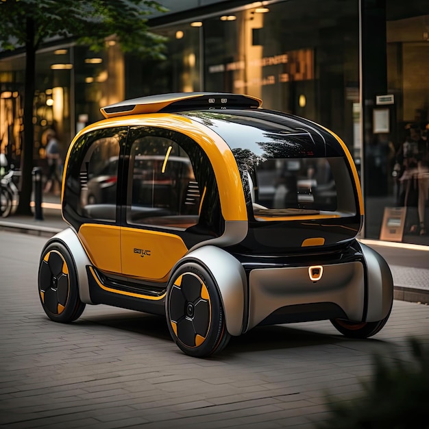 Un concetto di auto futuristico in giallo scuro e grigio scuro