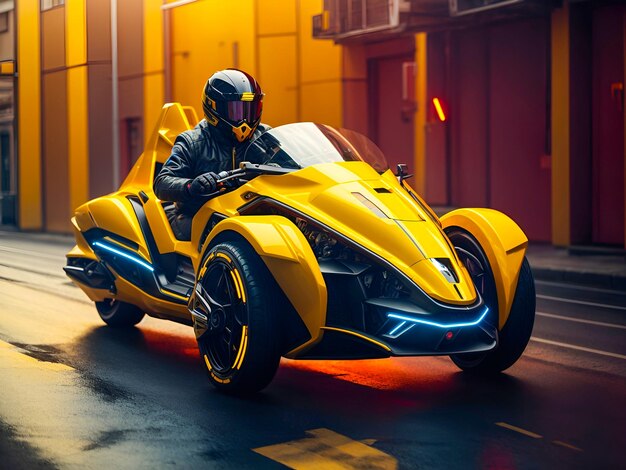 Un concetto di corridore futuristico con una speedbike galleggiante e sentieri al neon