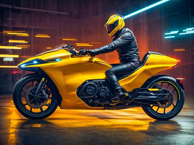 Un concetto di corridore futuristico con una speedbike galleggiante e sentieri al neon