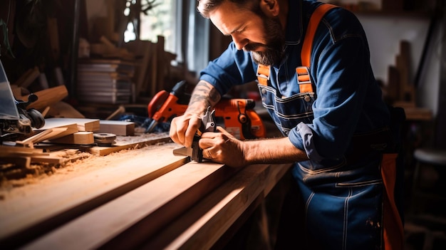 Un concetto di falegnameria con un uomo che lavora contro uno sfondo del Labor Day generato da AI