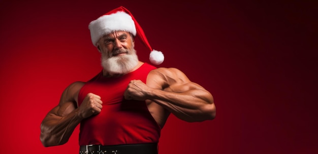 Un concetto di fitness di Capodanno di Babbo Natale muscoloso body builder