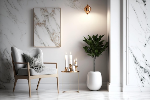 Un concetto di interior design del soggiorno in stile minimalista con una parete in marmo