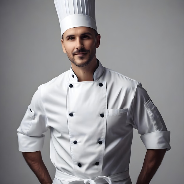 Un concetto di servizio fotografico con grembiule per giacca da cuoco bianco pulito e bianco
