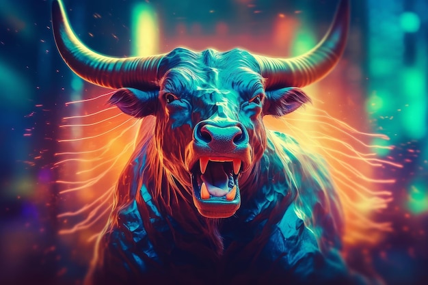 Un concetto di un toro arrabbiato che rappresenta le tendenze rialziste nei mercati azionari IA generativa