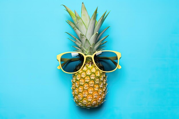 Un concetto di vacanza estiva alla moda è raffigurato in un'immagine piatta. Il punto focale mostra un ananas.
