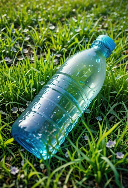 Un concetto ecologico bottiglie di plastica scartate sull'erba che evidenziano l'ambiente