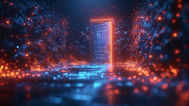Un concetto futuristico di fantascienza di una porta aperta Wireframe portale tecnologico luminoso su uno sfondo blu