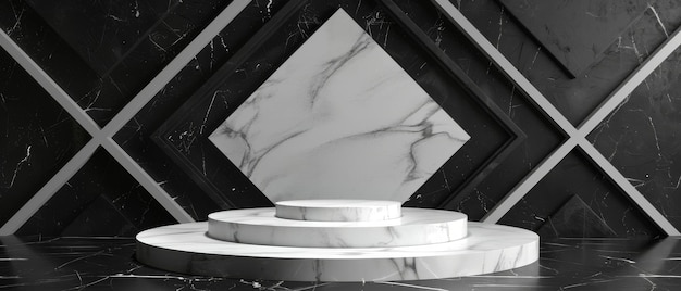 Un concetto minimo astratto è presentato in 3D I gradini sono bianchi su uno sfondo nero con una tavola commemorativa in marmo rombo e una cornice art deco geometrica